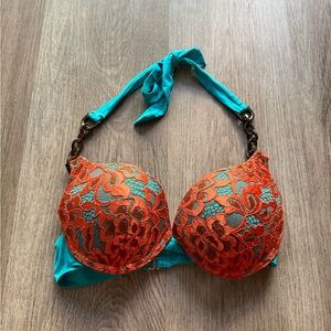 beach bunny swimwer orange & blue lace chainlink bikini swimwear swim top XS
